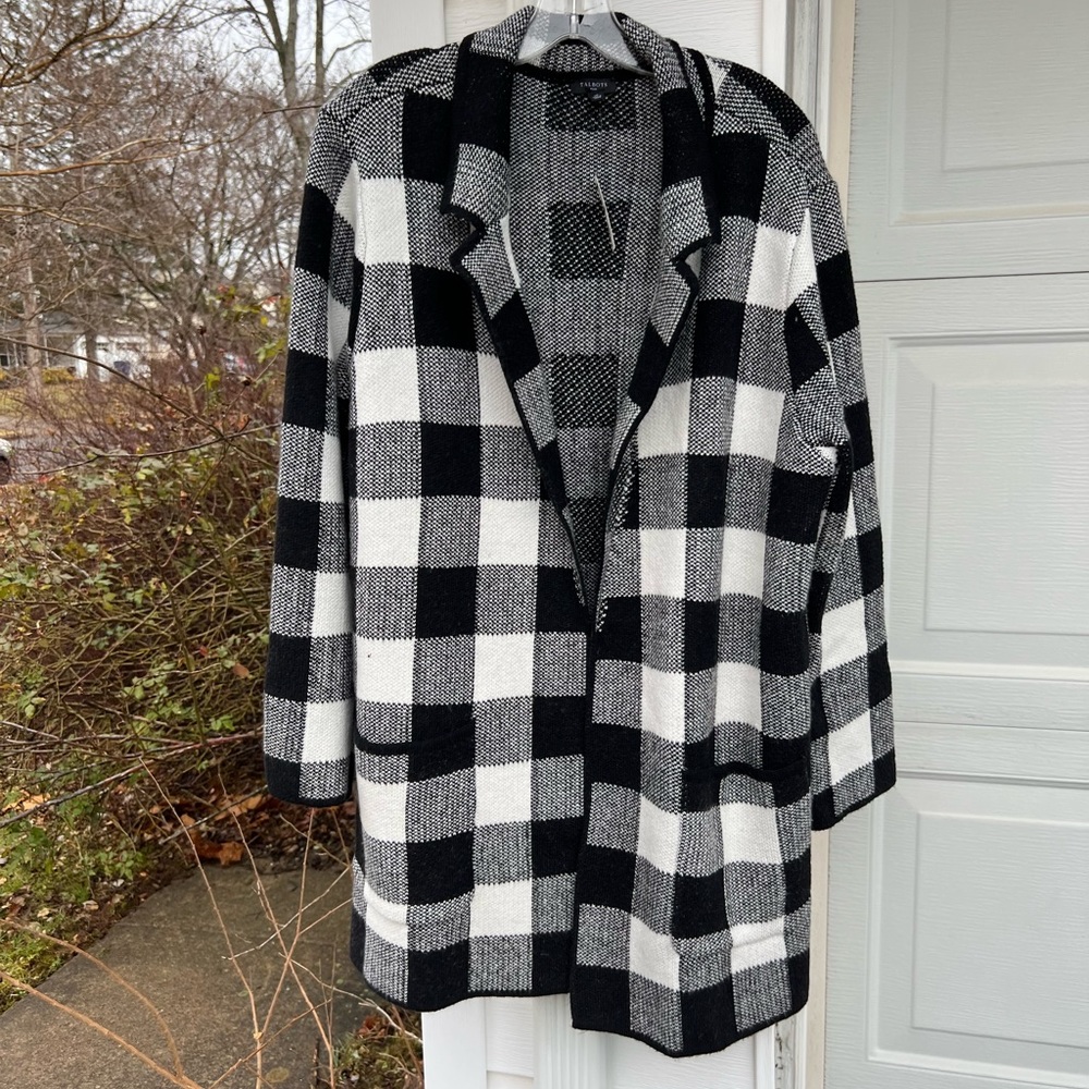 NWT Talbots Beautiful Thick Black White Plaid Open Front Cardigan Pockets - Picture 7 of 7